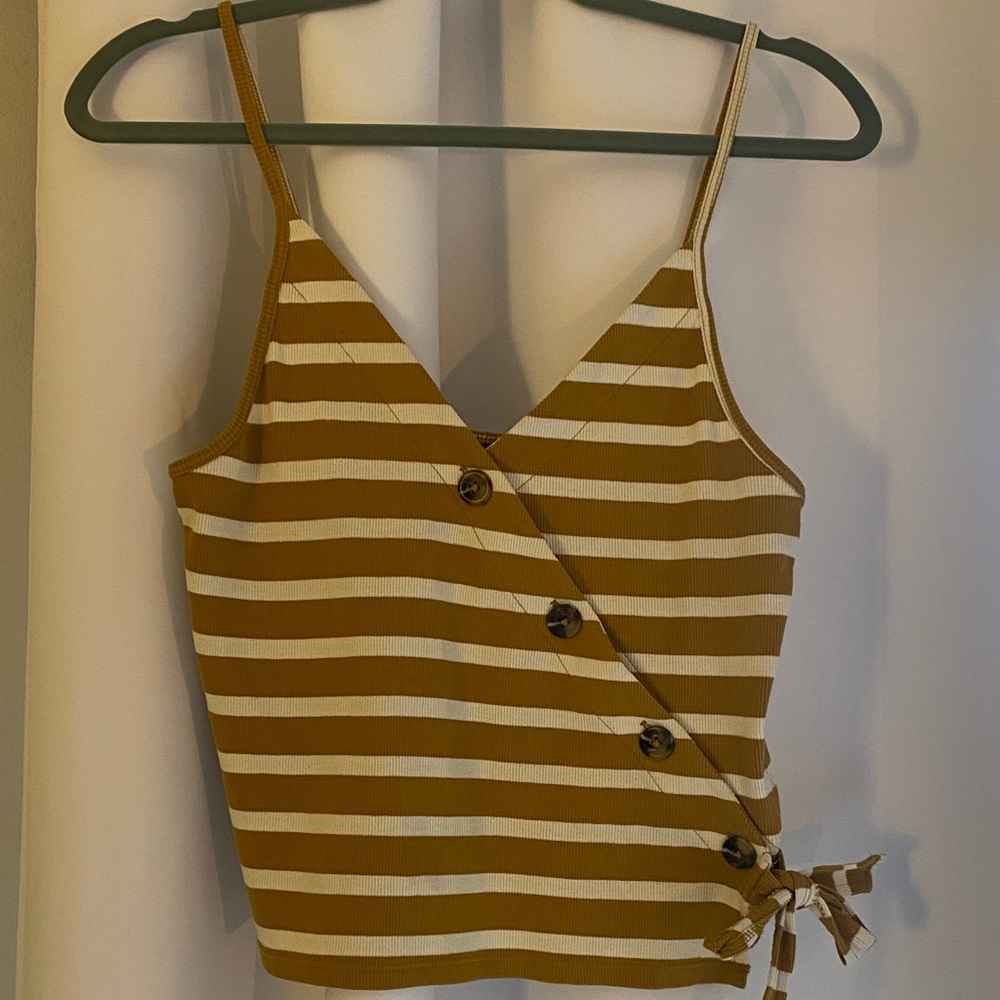 American Eagle Striped Button Tank Top in Mustard and White - Size Medium